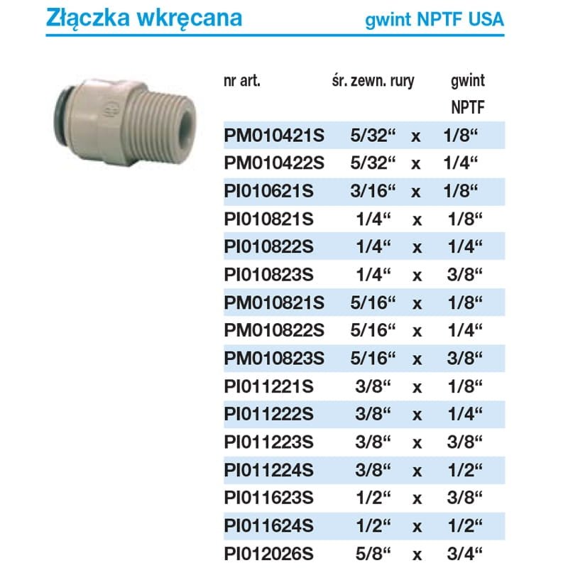 John Guest PI011224S złączka wkręcana 3/8" x gwint zewnętrzny 1/2" NPTF | Elementy montażowe - 2