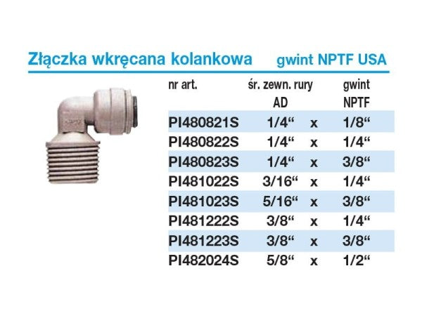 Szybkozłączka kolankowa John Guest PI481222S (3/8" x gwint 1/4" NPTF)| Elementy montażowe